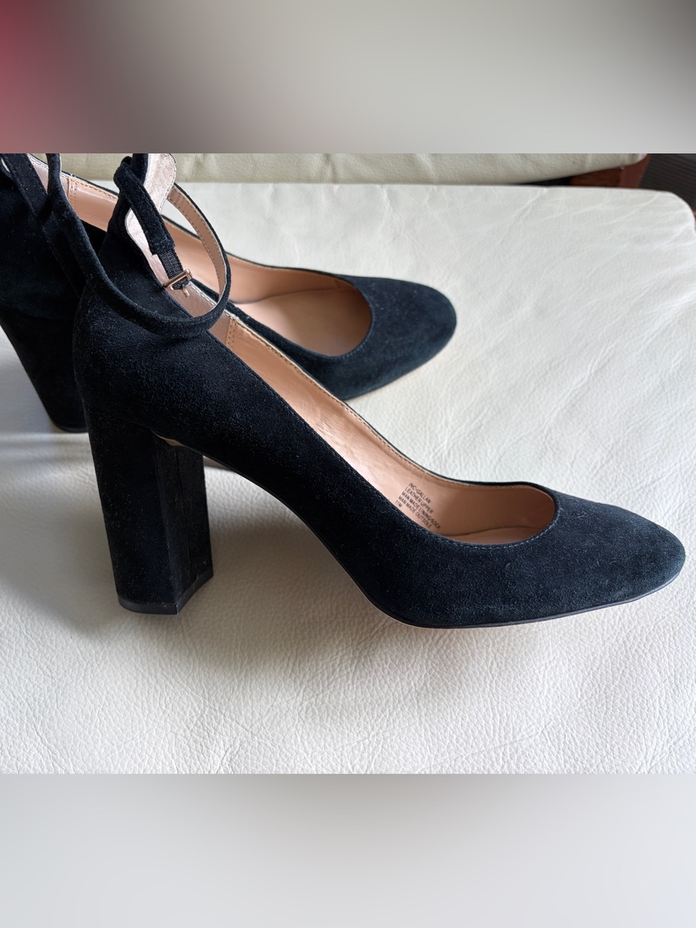 INC Classic Black Suede Block Heel Pumps with Ankle Strap